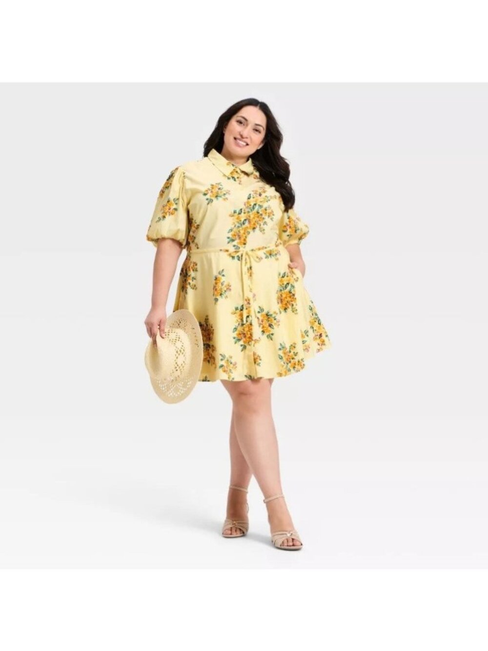 A New Day Women's Plus Size 4X Yellow Floral Puff Sleeve Button-Front Mini Dress